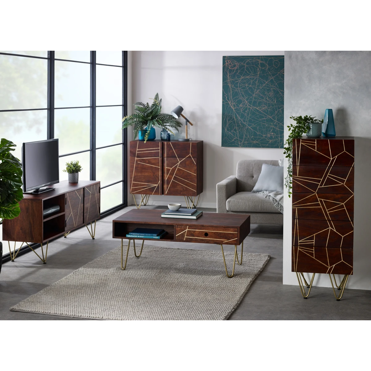 Indian Hub Premium Coffee Table 48In L 24In W 16In H With Drawer Gold Hairpin Legs Living Room - Coffee Table