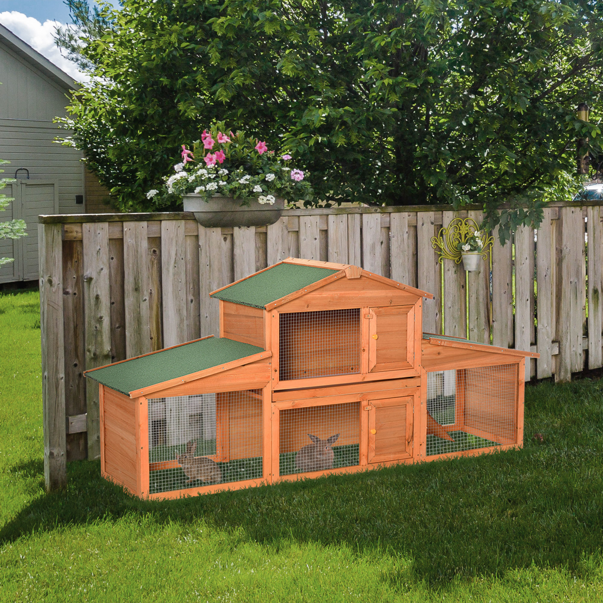 Deluxe Fir Wood Rabbit Hutch 2-Tier Metal Guinea Pig Small Animal House Pawhut - from Unbranded