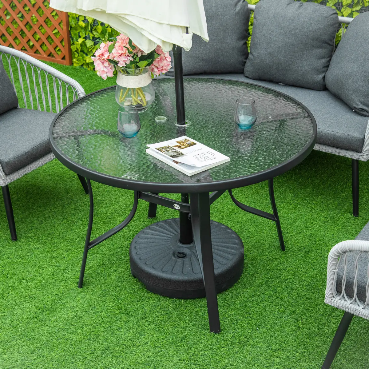 Outsunny 106cm Round Garden Dining Table with Parasol Hole Tempered Glass Top Steel Frame - Garden Table