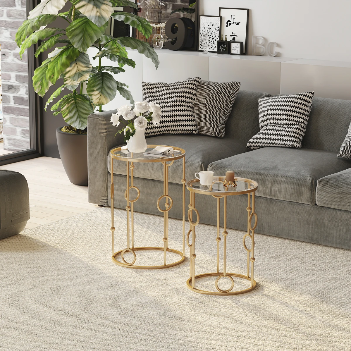 HOMCOM Gold Nesting Coffee Tables Set of Two with Tempered Glass Tops Living Room Decor by HOMCOM