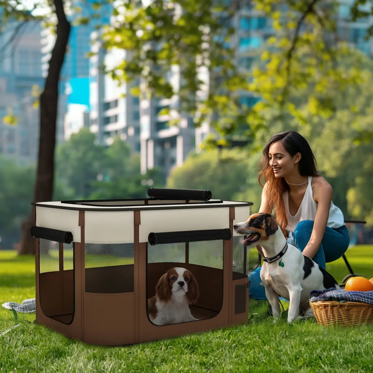 PawHut PawHut Portable Dog Pen for Puppies, Rabbits, Kittens, Guinea Pigs - Brown - Pet Playpen