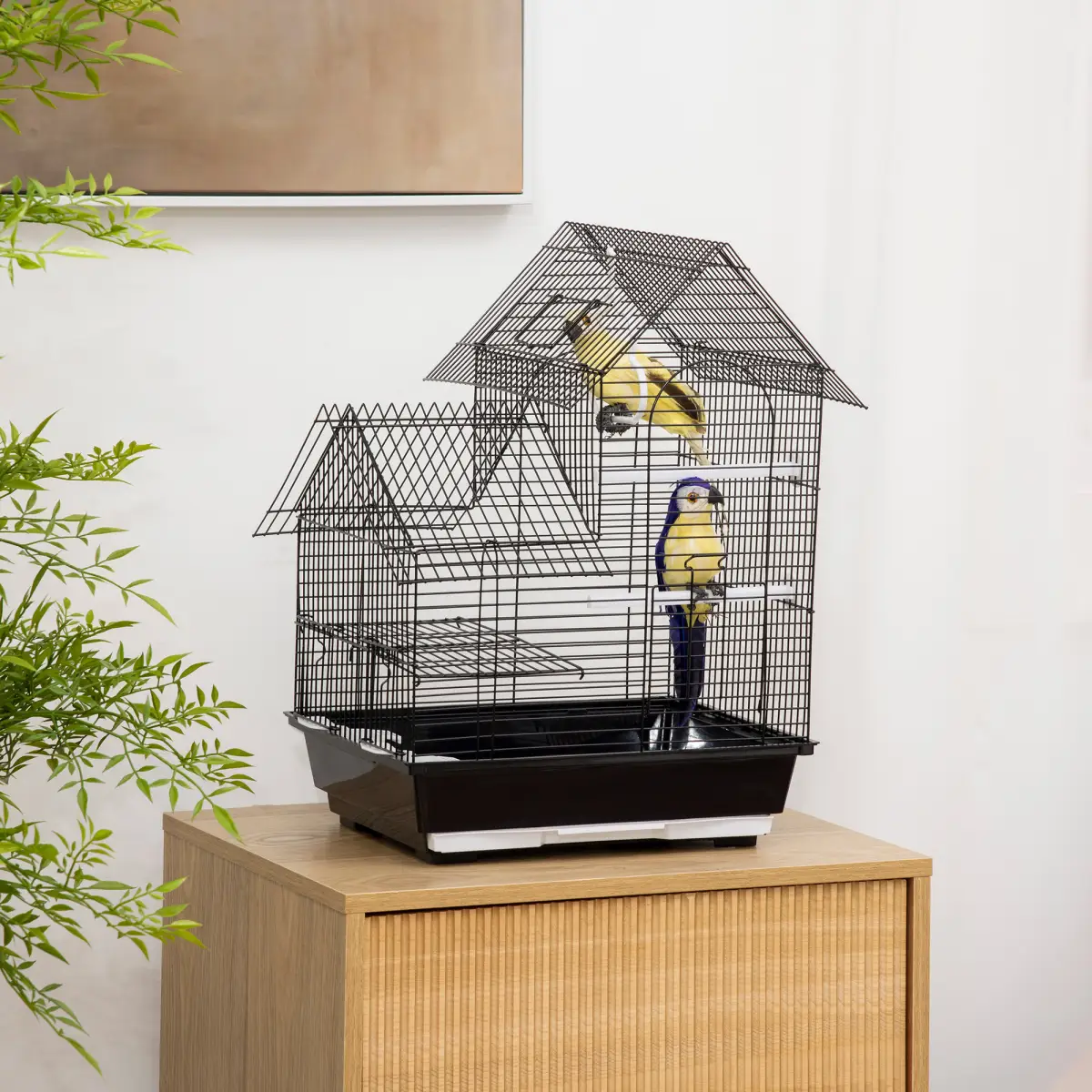 PawHut Metal Bird Cage w/ Plastic Perch, Food Container, Swing Ring, Handle - Black - Bird Cage