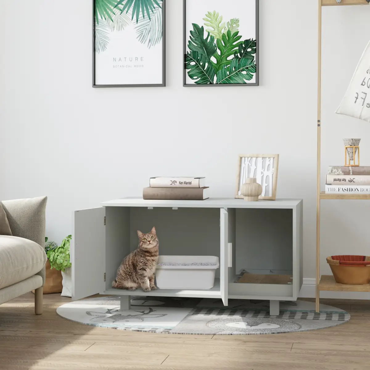 Unbranded Indoor Feline Cat Box Furniture Kitty Table w/ Scratch & Magnetic Doors, Grey - Cat House
