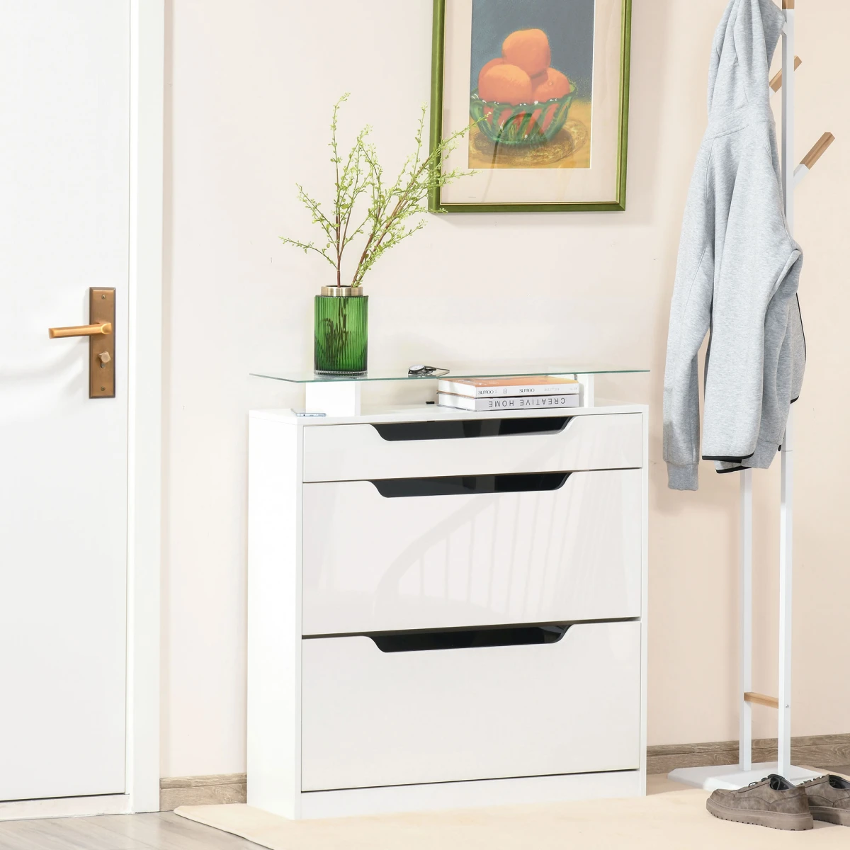 Premium White High Gloss Shoe Cabinet With Glass Top Three Drawers Storage Organizer For Hallway Or Office by HOMCOM