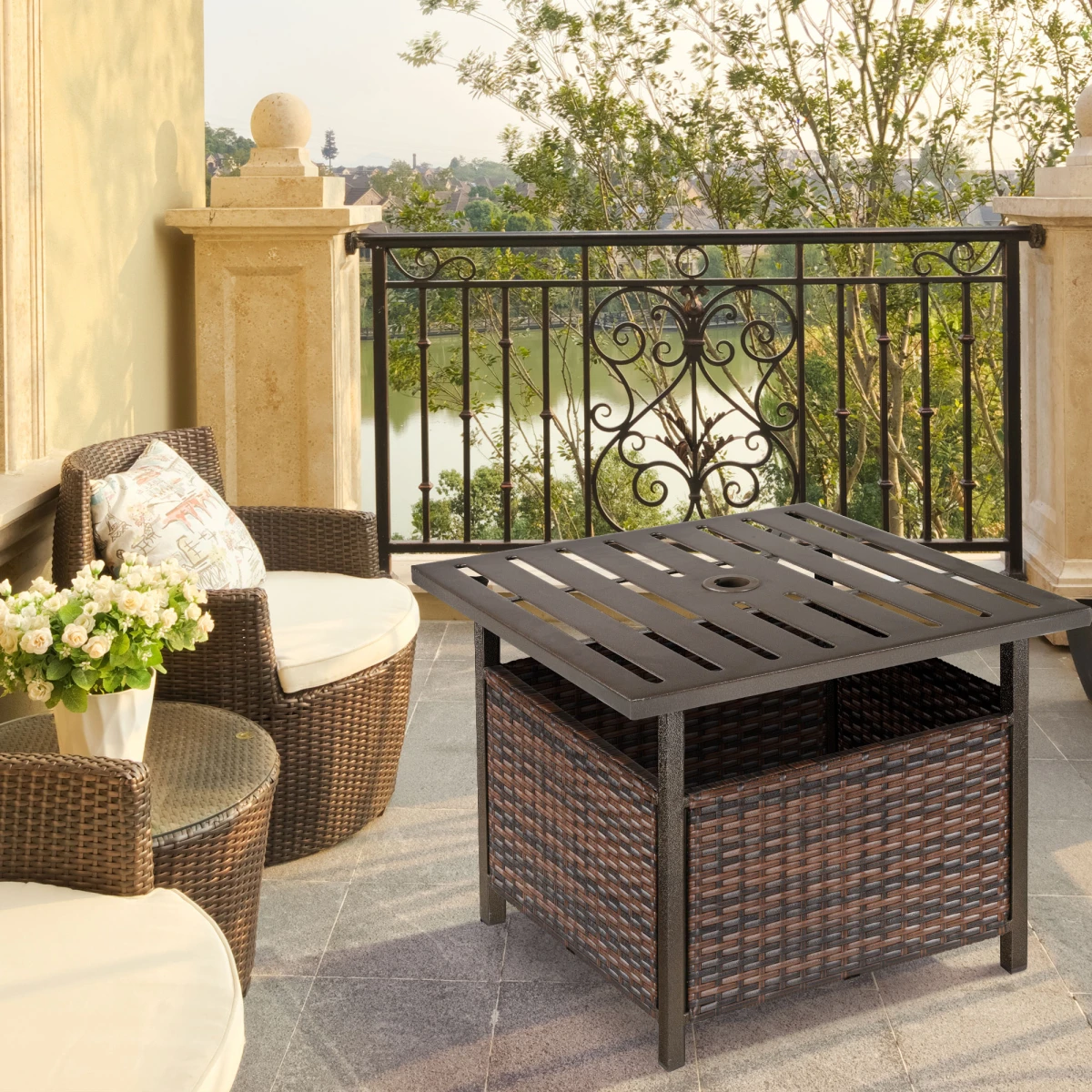 Outsunny Rattan Coffee Table 24In Parasol Garden by Outsunny