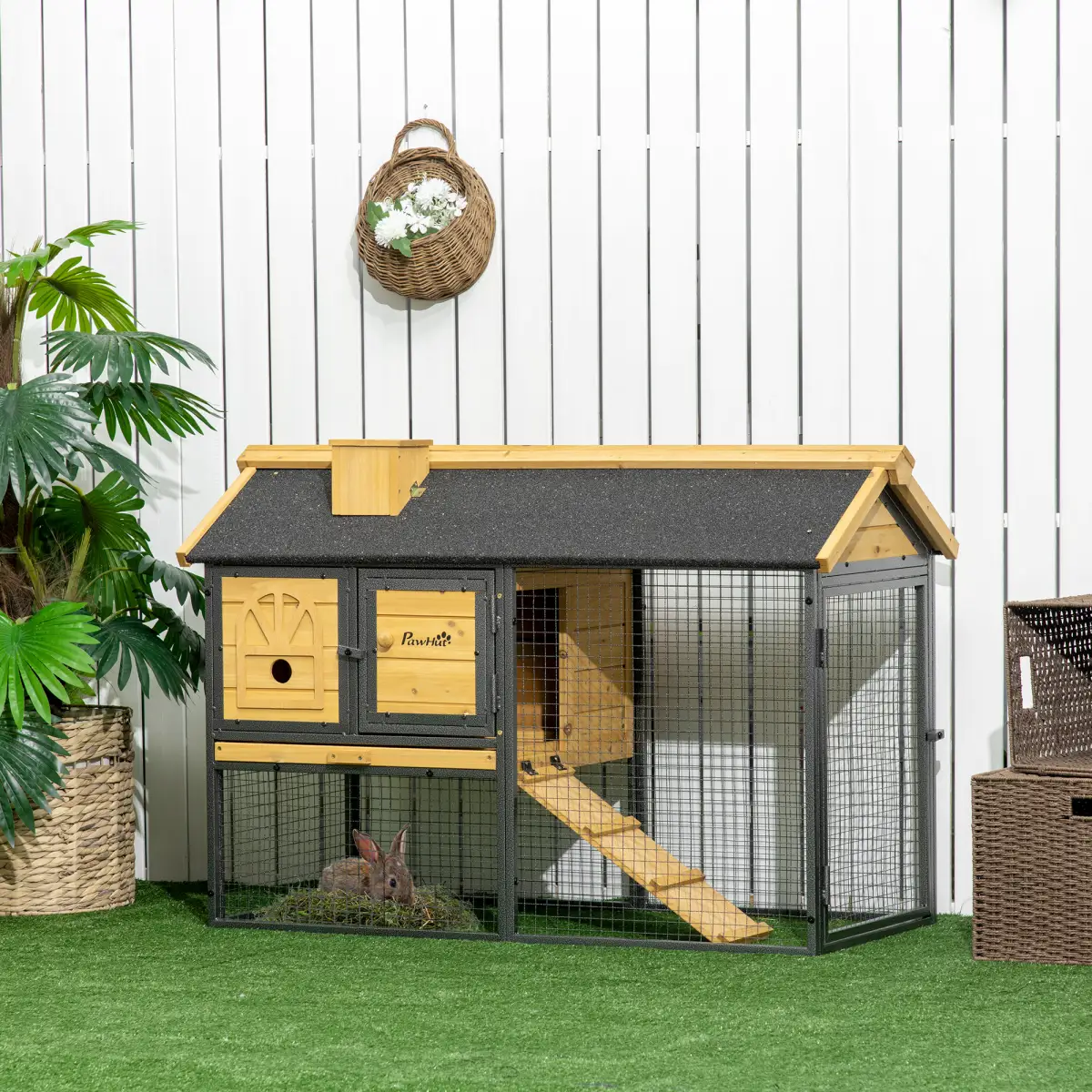 PawHut PawHut Rabbit Hutch Outdoor Bunny Cage w/ Run, Removable Tray 120 x 55.5 x 80cm - Rabbit Hutch