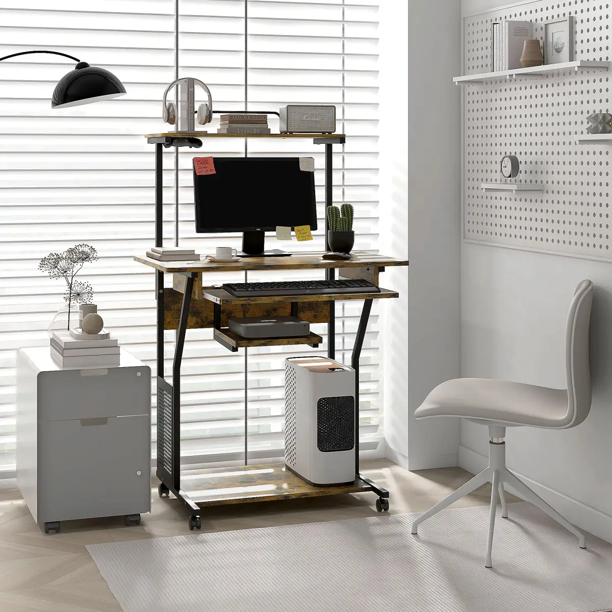HOMCOM HOMCOM Rolling Computer Desk with Keyboard Tray Storage Shelves Rustic Brown - Desk