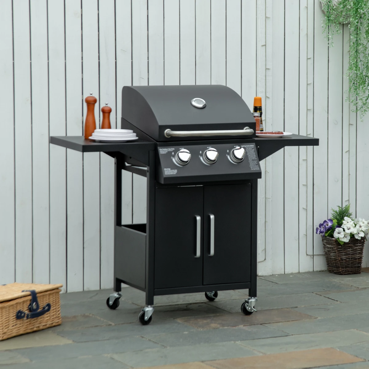 Outsunny 3 Burner Gas BBQ Grill Portable Barbecue Trolley Warming Rack Storage Cabinet - Wine Rack