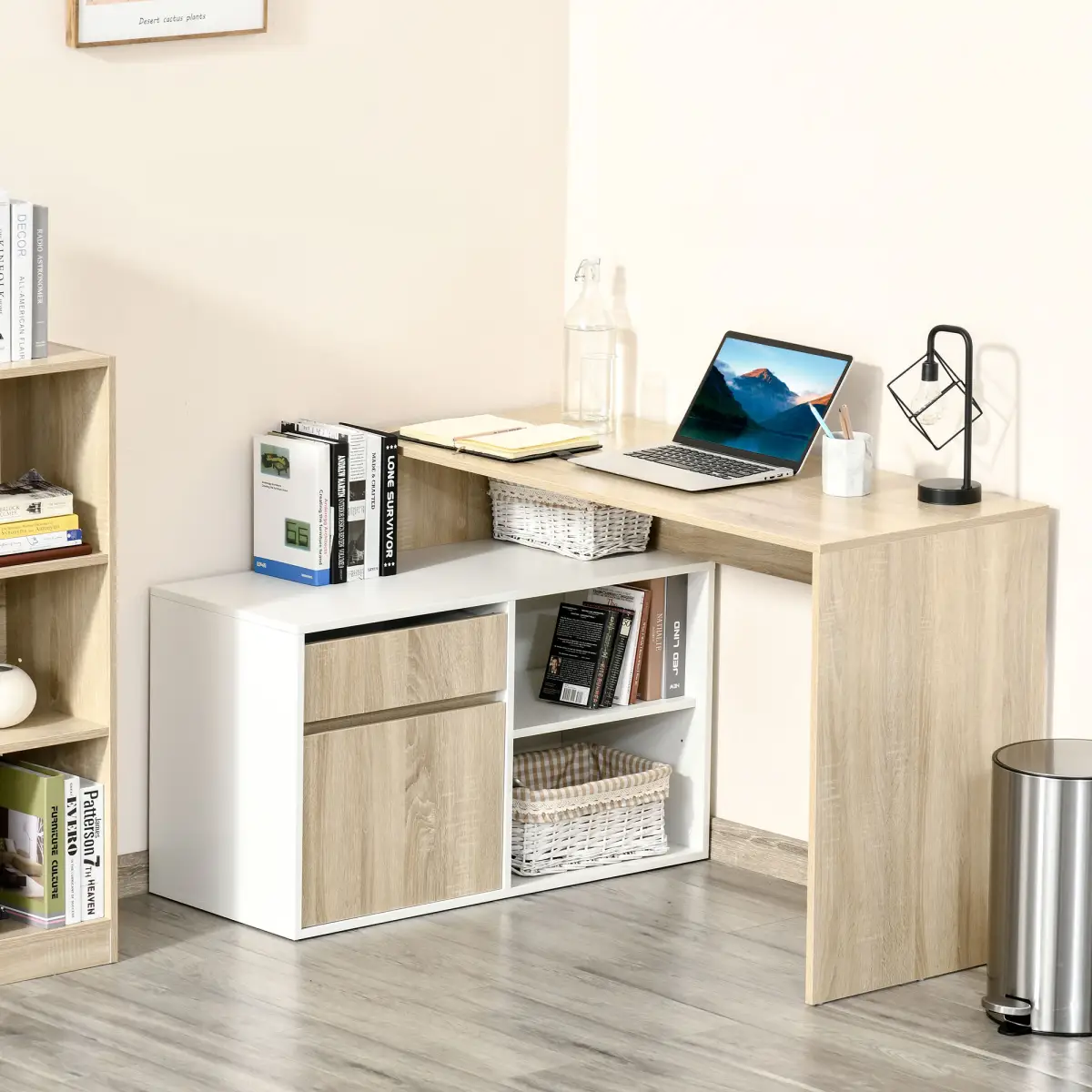 HOMCOM L-Shaped Corner Computer Desk Oak and White - Desk