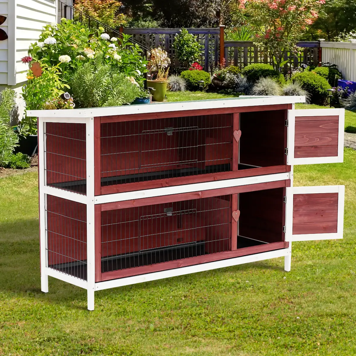 Pawhut Two-Tier Elevated Wooden Rabbit Hutch Bunny Cage for Small Pet Animals w/ Tray - Rabbit Hutch