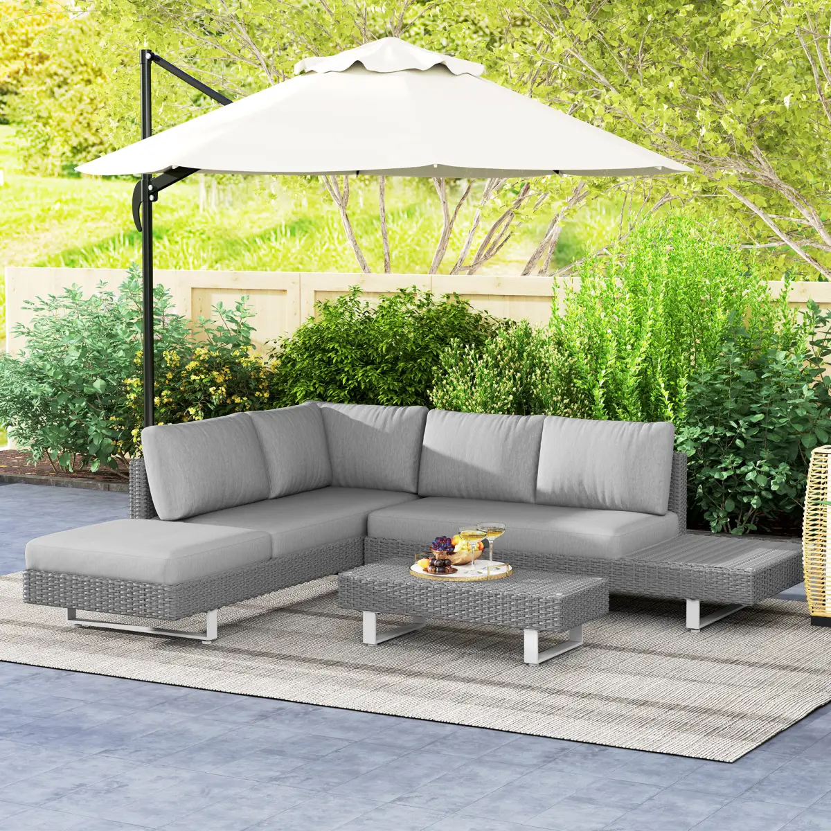 Outsunny Outsunny 3pc Rattan Wicker Sofa Set with Tea Table & Cushions, Light Grey - Garden Set