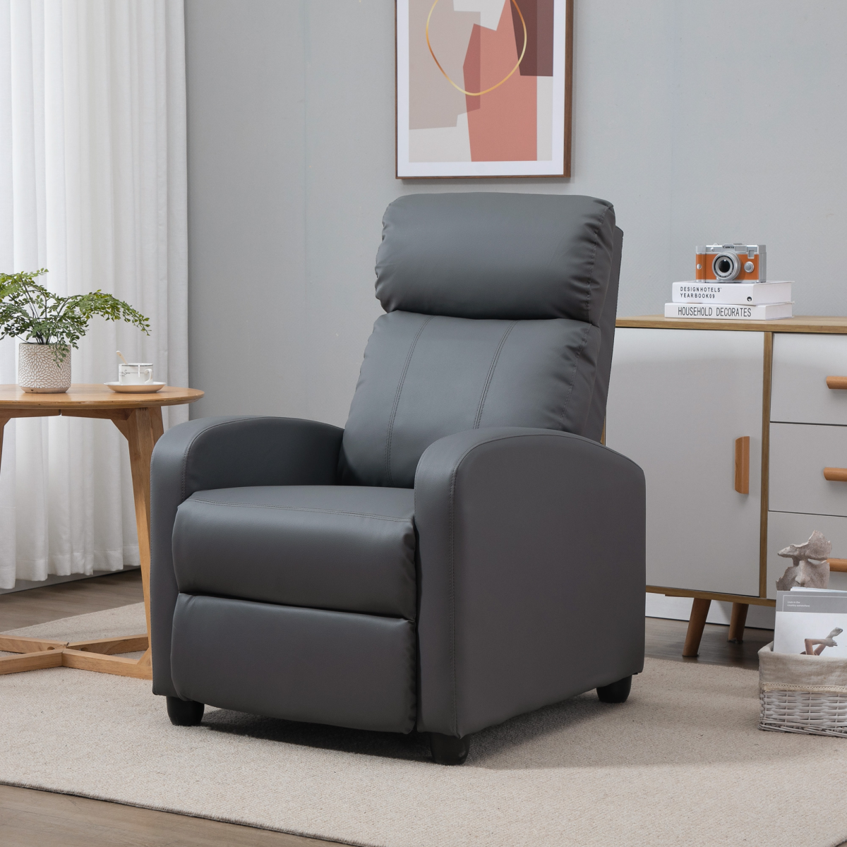 HOMCOM Recliner Armchair, Massage Faux Leather Push Back Reclining Chair with Adjustable Leg Rest, Side Pocket, for Home Living Room Theatre, Grey - from Unbranded