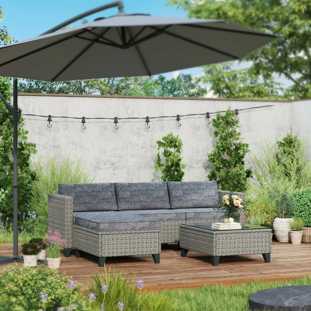 Outsunny Outsunny 5 PCs Rattan Garden Furniture Set with Glass Coffee Table Dark Grey - Garden Set