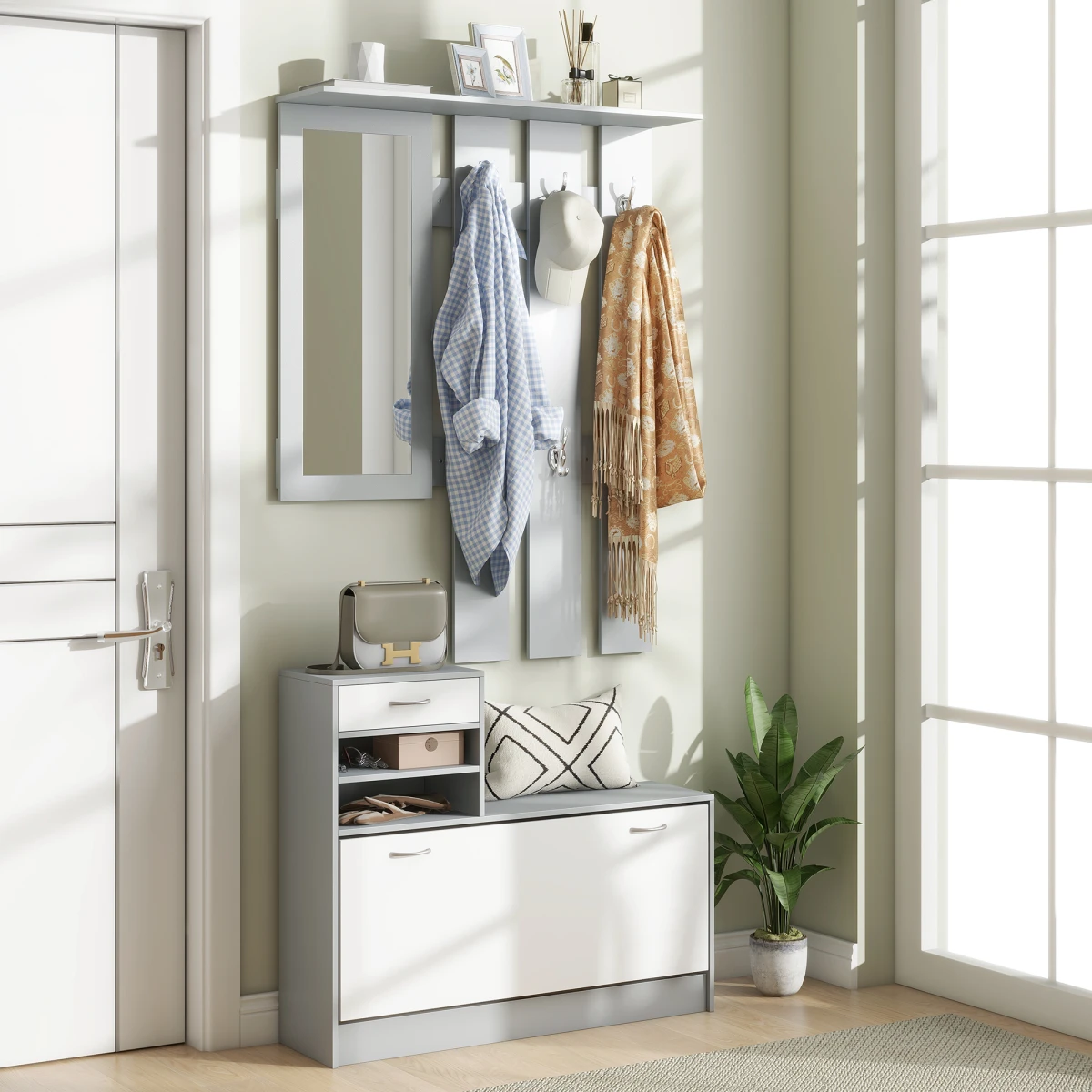 HOMCOM Hallway Furniture Set Compact Size With Mirror And Shoe Cabinet For Entryway Organization - Wardrobe