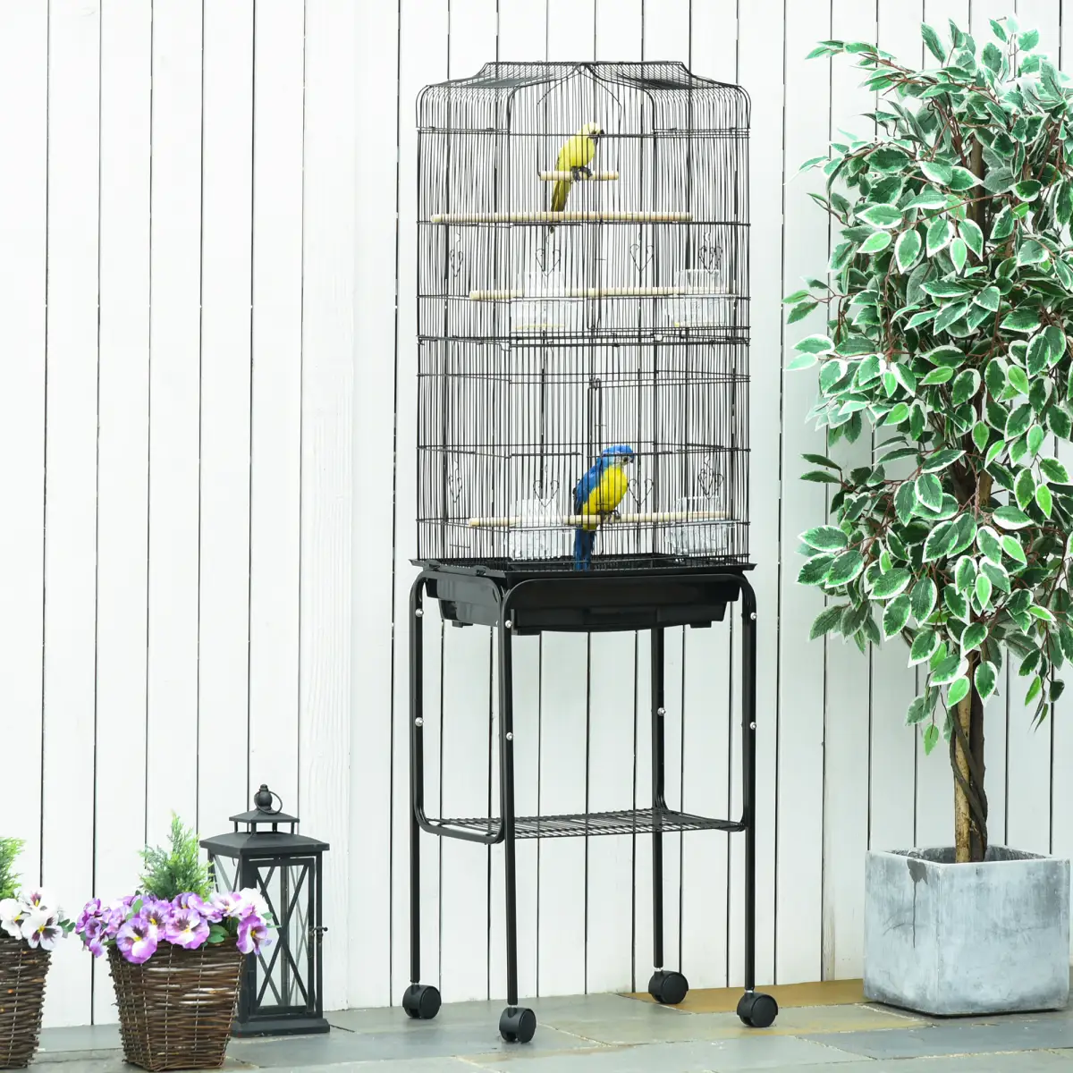Pawhut Bird Cage Metal Budgie Cages W/ Rolling Stand Slide-out Tray Storage Shelf Black - Bird Cage