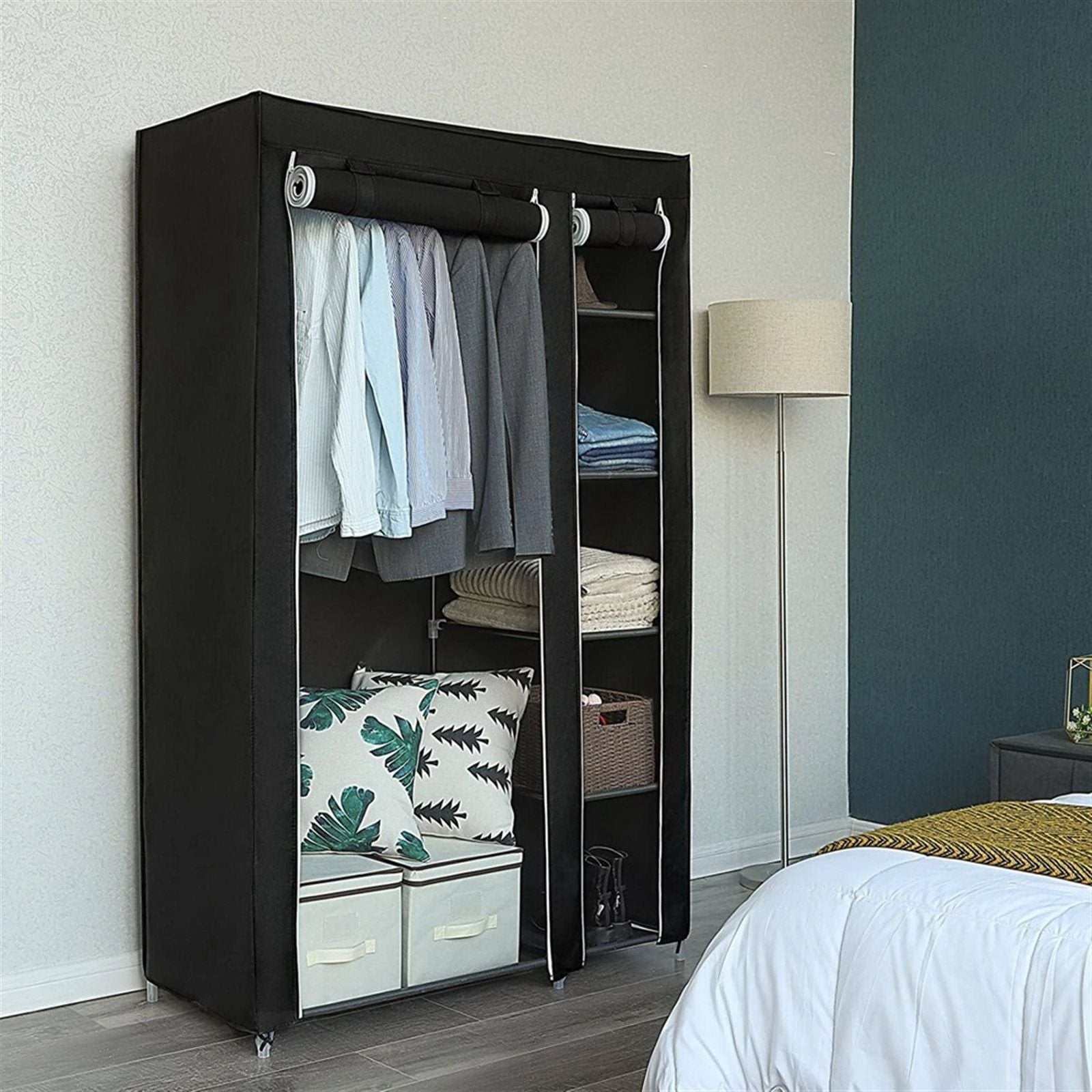 67" Portable Clothes Closet Wardrobe with Non-woven Fabric and Hanging Rod Quick and Easy to Assemble Black by N/A