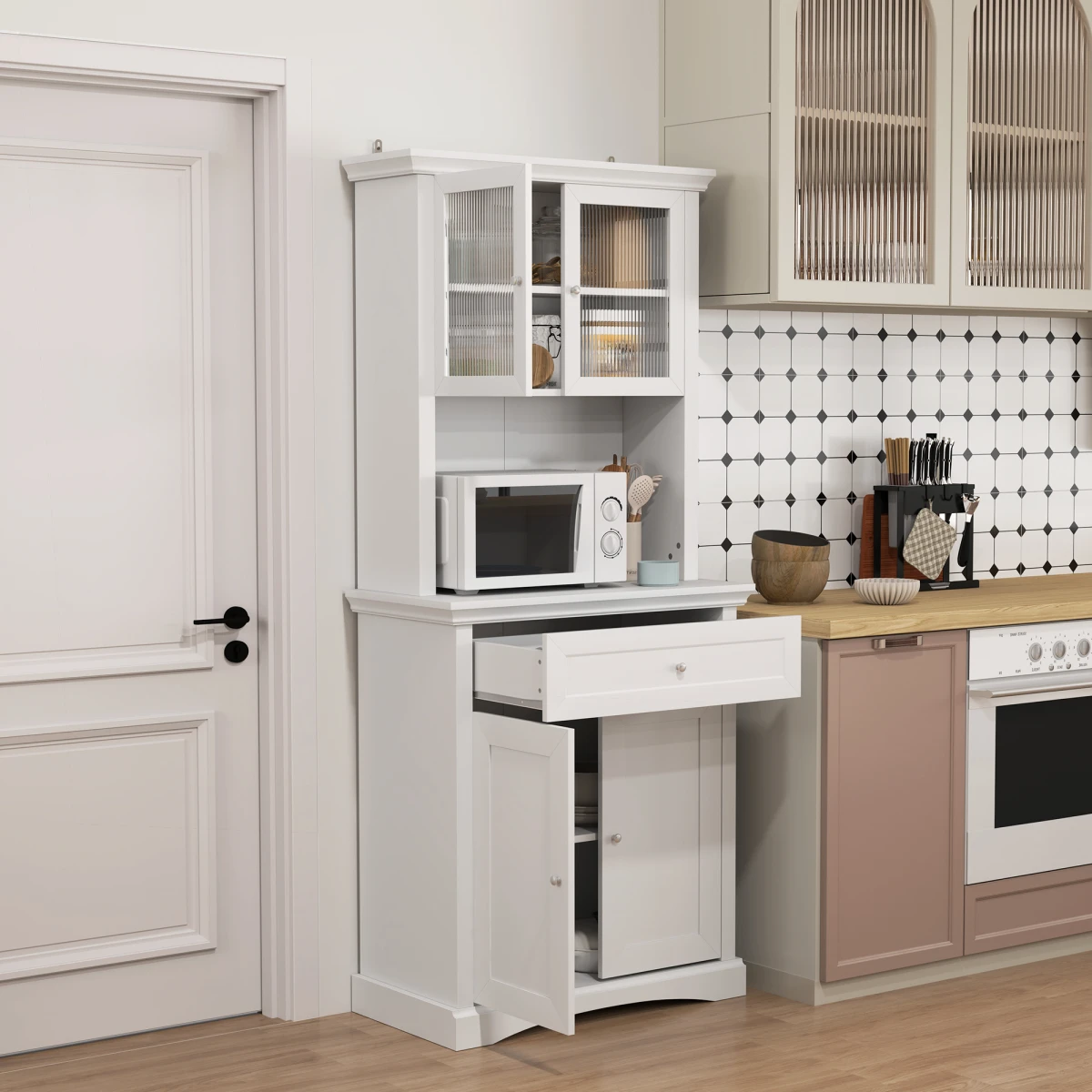 HOMCOM HOMCOM Kitchen Cupboard Storage Cabinet Tall With Drawer Glass Doors Adjustable Shelves For Kitchen Organization - Chest of Drawers
