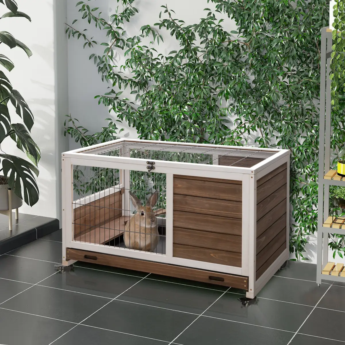 PawHut PawHut Wood Indoor Rabbit Hutch Elevated 2-Floor Guineas Pigs Cage w/ Wheels and with openable Roof - Rabbit Hutch