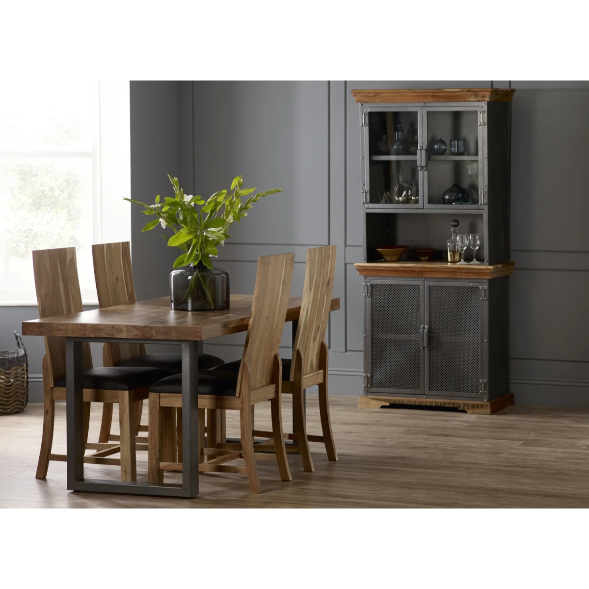 Indian Hub Premium Dining Table Large Rectangular Solid Wood And Metal Frame Gun Metal Finish For Modern Homes - Dining Table