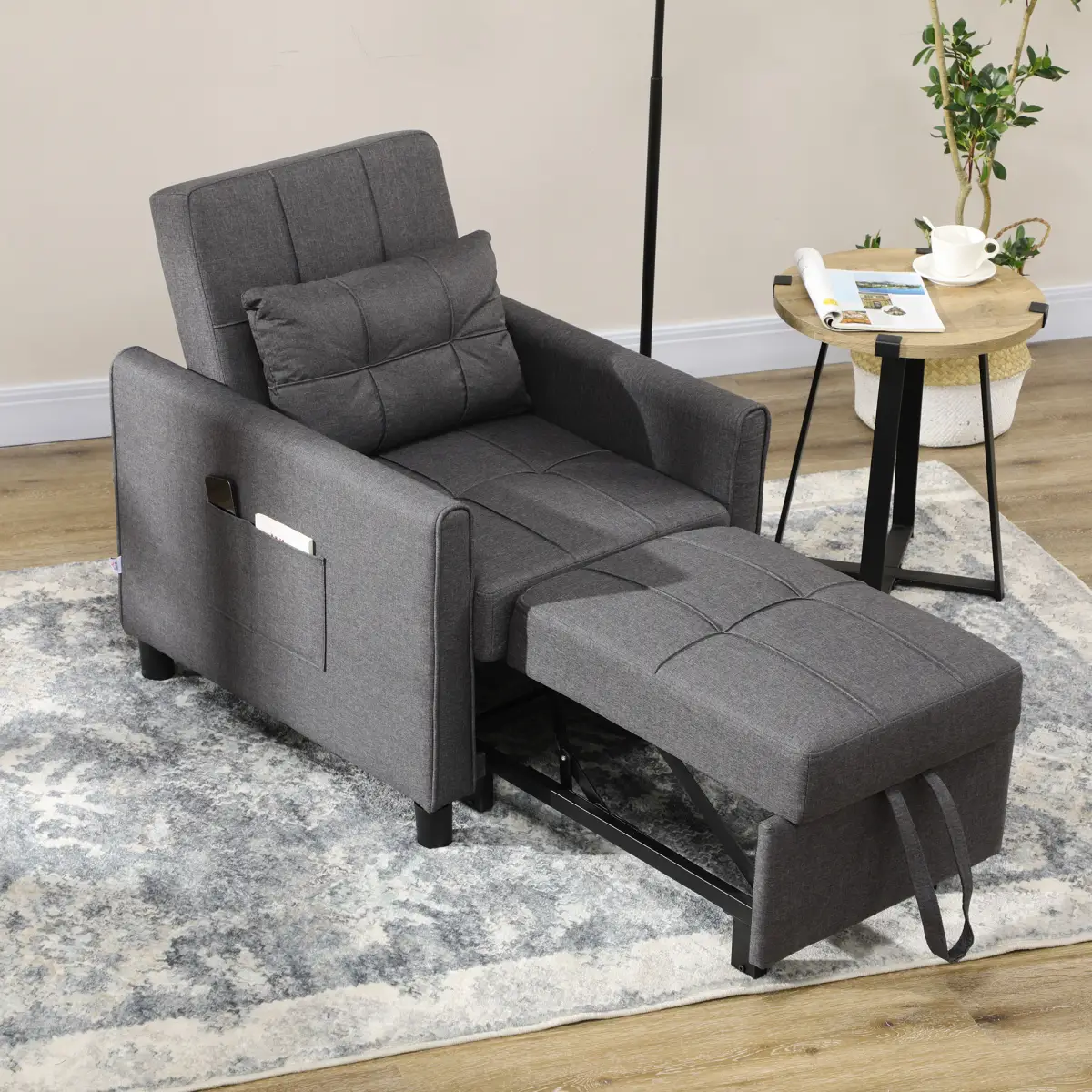 HOMCOM HOMCOM Pull Out Chair Bed, Sleeper Chair with Pillow, Side Pockets, Grey - Sofa Bed