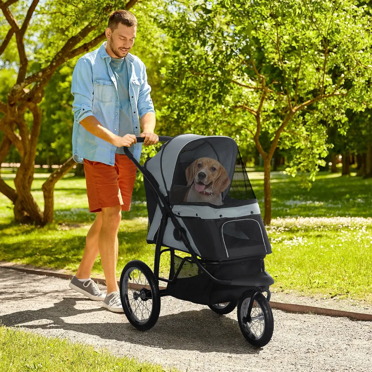 PawHut 3 Wheel Pet Stroller, for Medium Small Dogs, Foldable Cat Pram - Grey - Pet Carrier