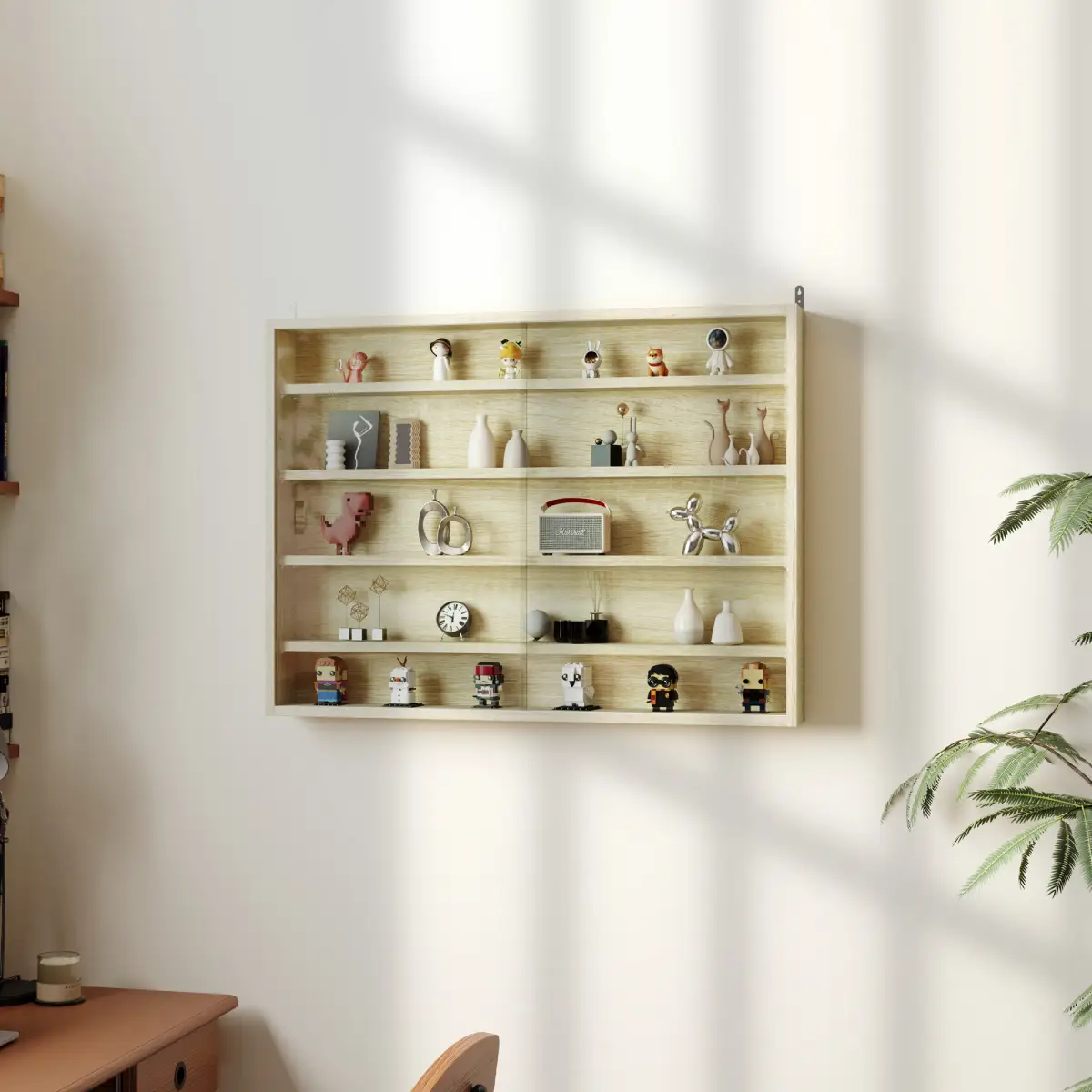 HOMCOM HOMCOM 5-Tier Wall Display Shelf Unit Cabinet w/ Shelves Glass Doors Oak - Display Cabinet