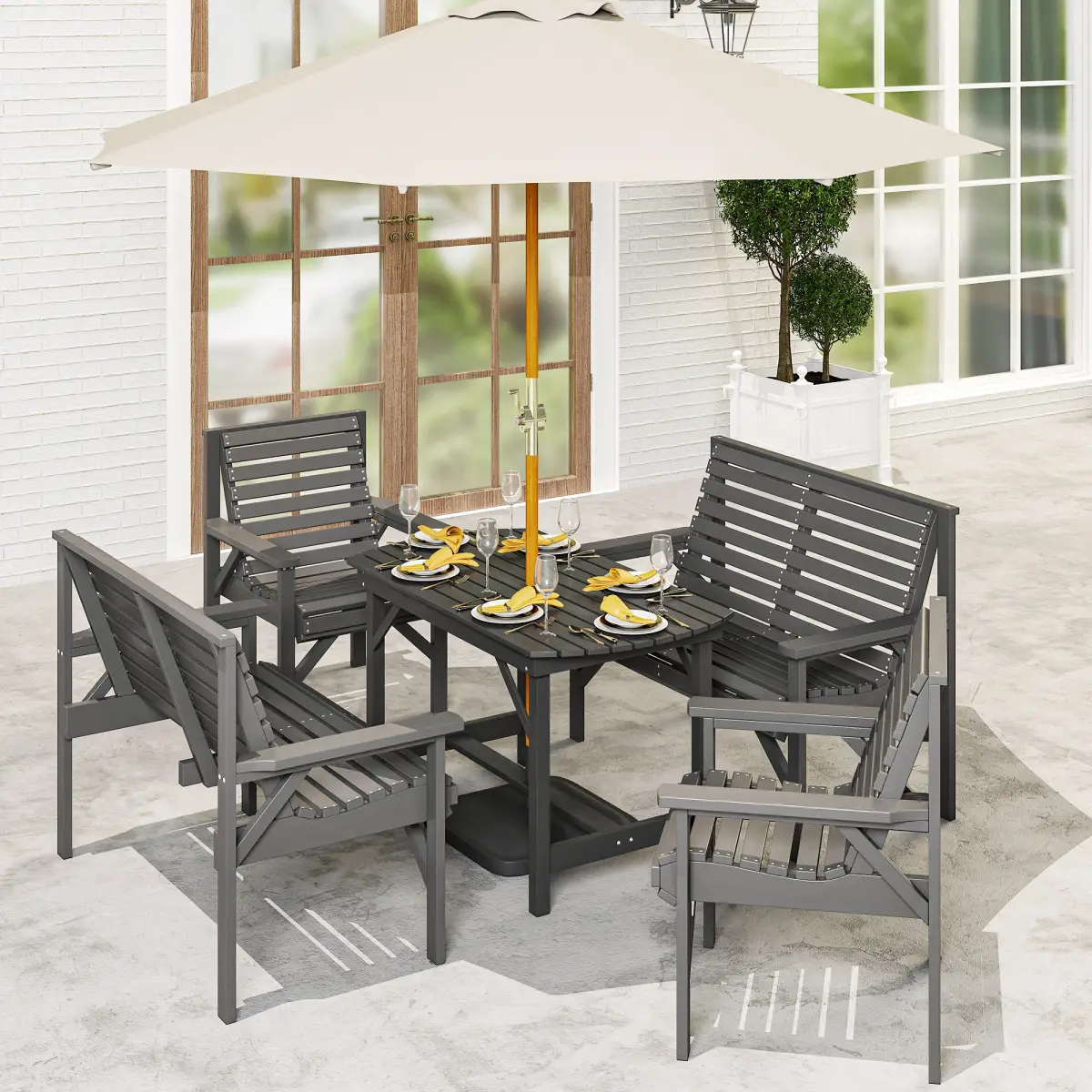 Outsunny Outsunny 5PC Patio Dining Set Wooden Table and Chairs w/ Umbrella Hole Grey - Garden Set