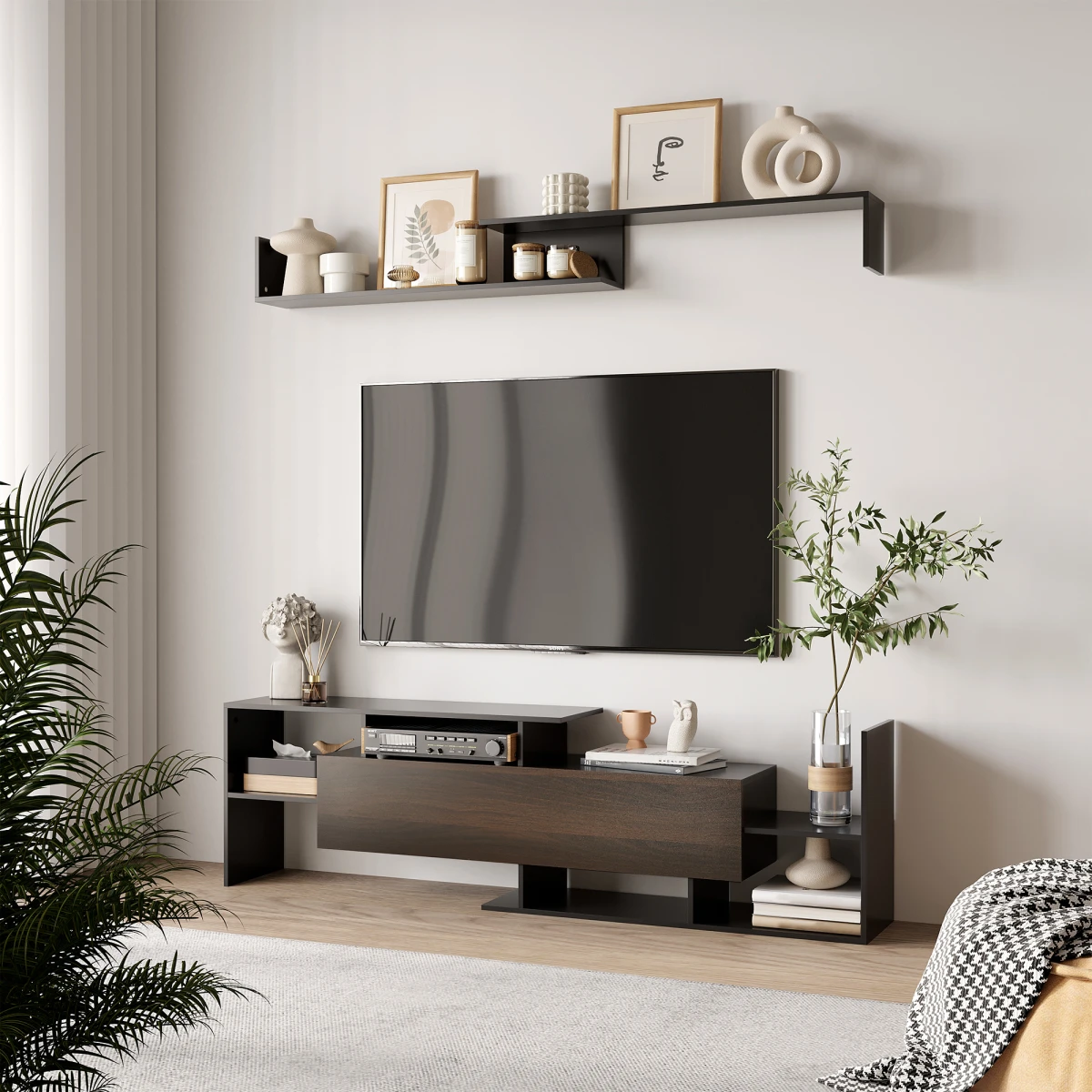 HOMCOM TV Cabinet Open Shelves Concealed Storage Living Room by Homcom
