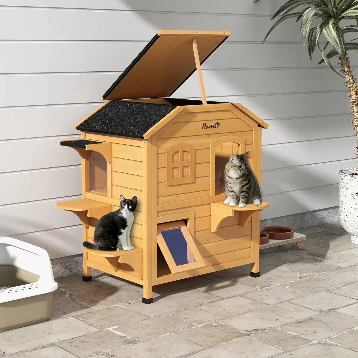 PawHut Wooden Cat House Cat Cave Pet Shelter Condos Outdoor Natural Wood Finish - Cat House