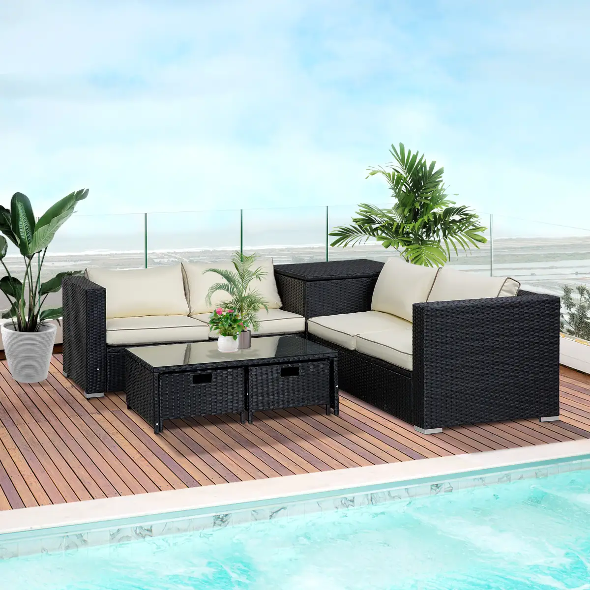 Outsunny 4-Seater Rattan Wicker Garden Patio Sofa Storage & Table Set Black - Garden Sofa Sets