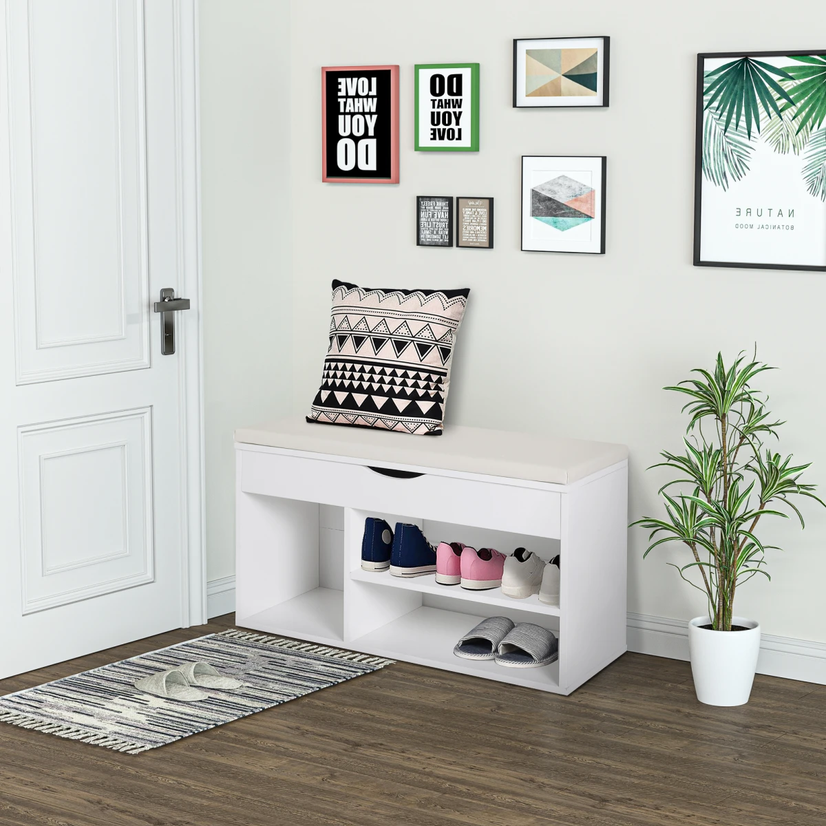 HOMCOM White Wooden Shoes Cabinet Bench With Padded PU Seat And Hidden Storage For Hallway Organization - Shoe Storage