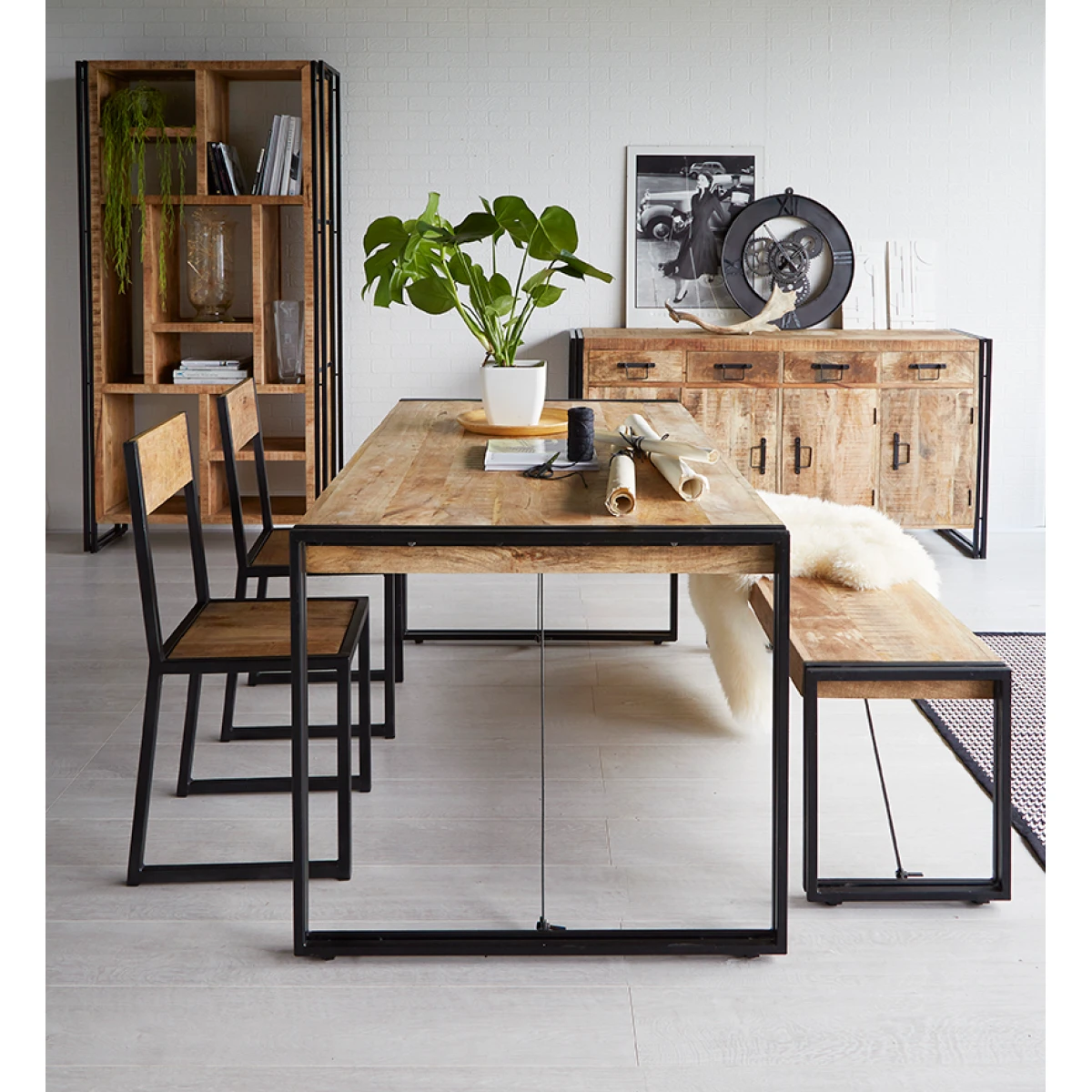 Cosmo Dining Table Medium Solid Mango Wood Metal For Home by Indian Hub