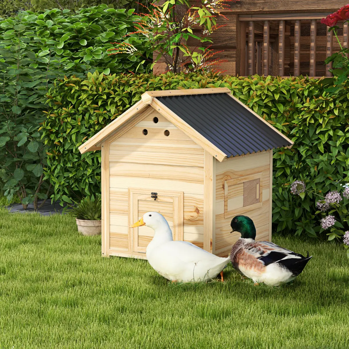 PawHut PawHut Wooden Duck House, Poultry Coop with Double Doors, Openable Roof - Chicken Coop