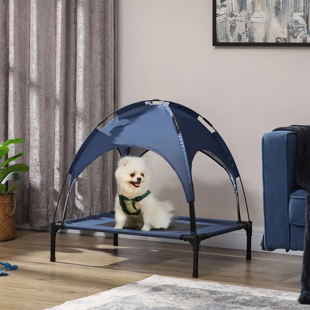 PawHut PawHut 76cm Elevated Dog Bed Cooling Raised Pet Cot UV Protection Canopy Blue - Dog Beds