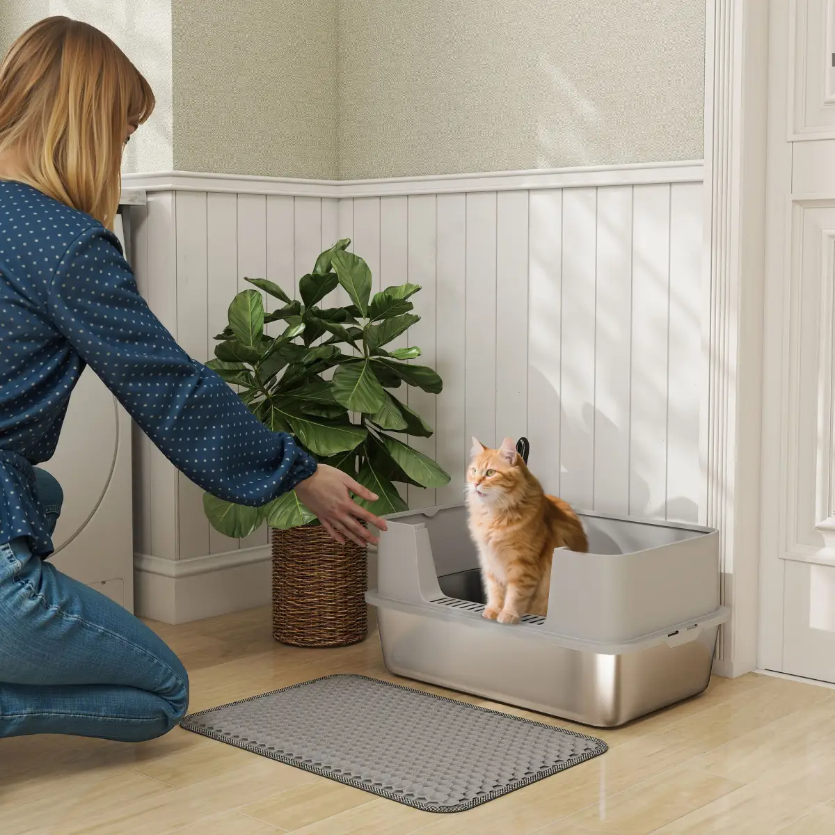 PawHut Stainless Steel Litter Box with Scoop, High Sided Cat Litter Tray - Cat Litter