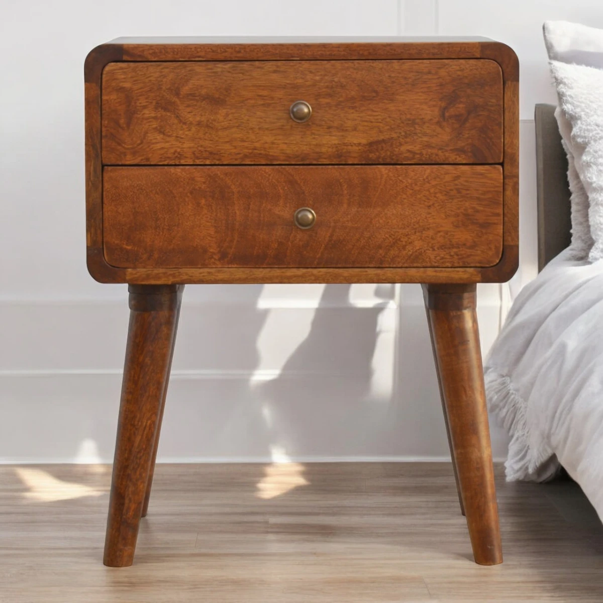 Artisan Bedside Table Compact Nightstand Solid Mango Wood 2 Drawers Curved Chestnut Finish for Bedroom Decor by Artisan Furniture
