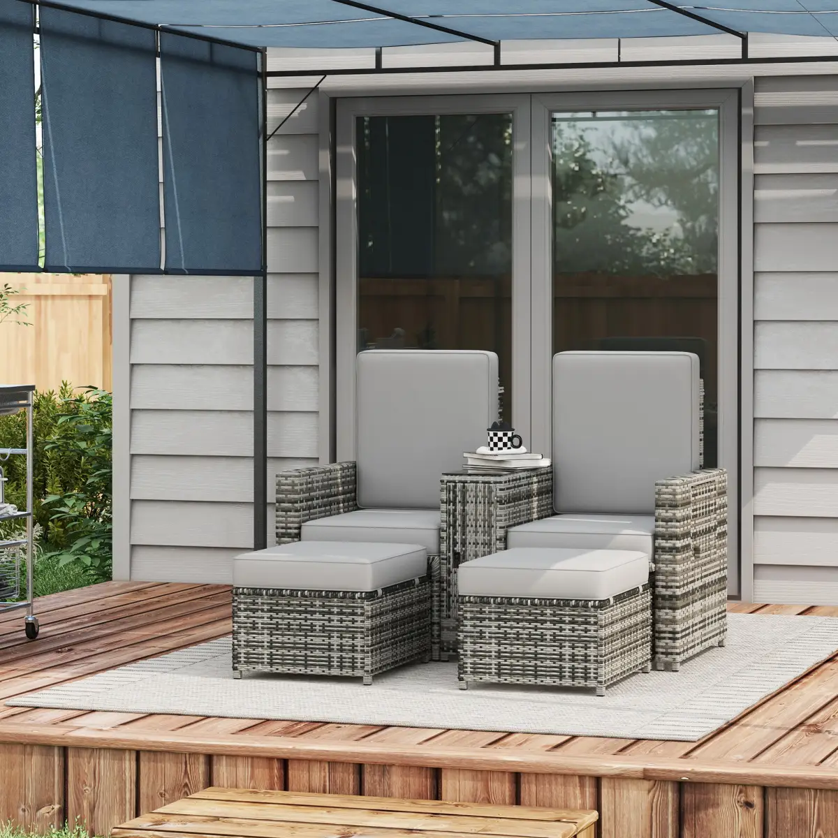 Outsunny Outsunny Recliner Rattan Sun Lounger w/ Storage Tea Table & Footstools, Grey - Sun Lounger