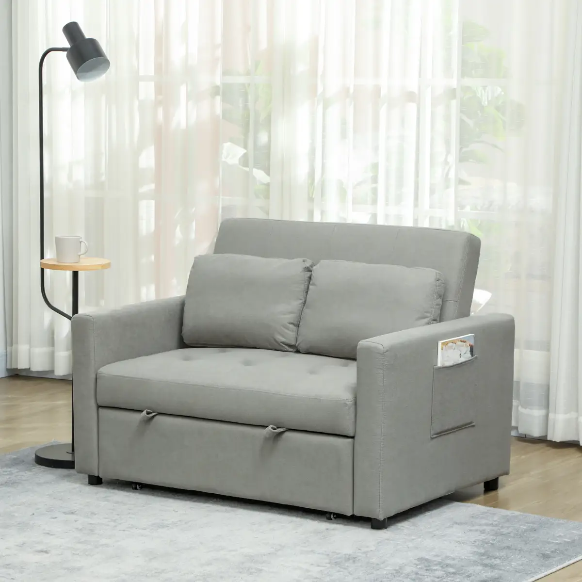 HOMCOM HOMCOM 2 Seater Sofa Bed Convertible Bed Settee with Cushions, Pockets, Grey - Sofa Bed
