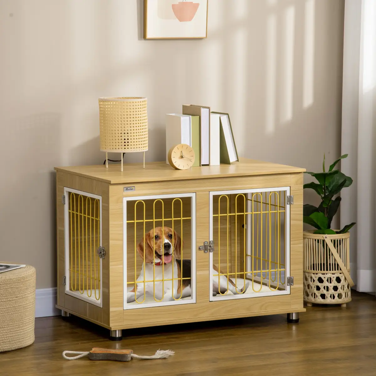PawHut Dog Crate Furniture, Dog Crate End Table w/ Soft Cushion, Double Door - Oak Tone - Dog Crate