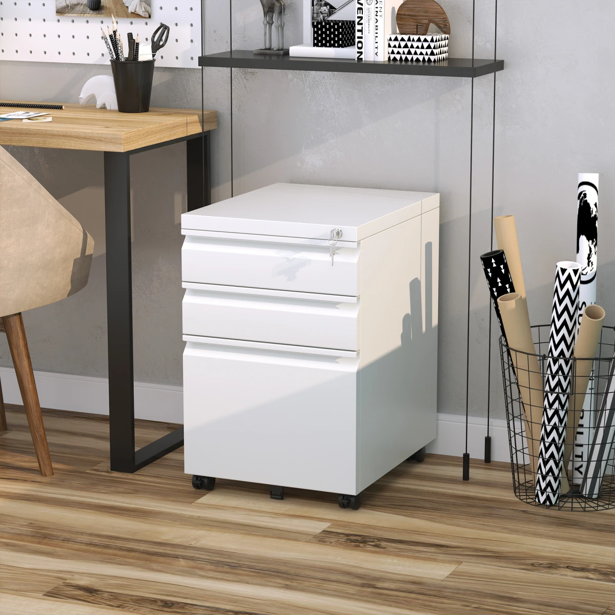 Vinsetto Lockable Mobile Vertical File Cabinet 3 Drawer Office Organizer For Home Office by Unbranded