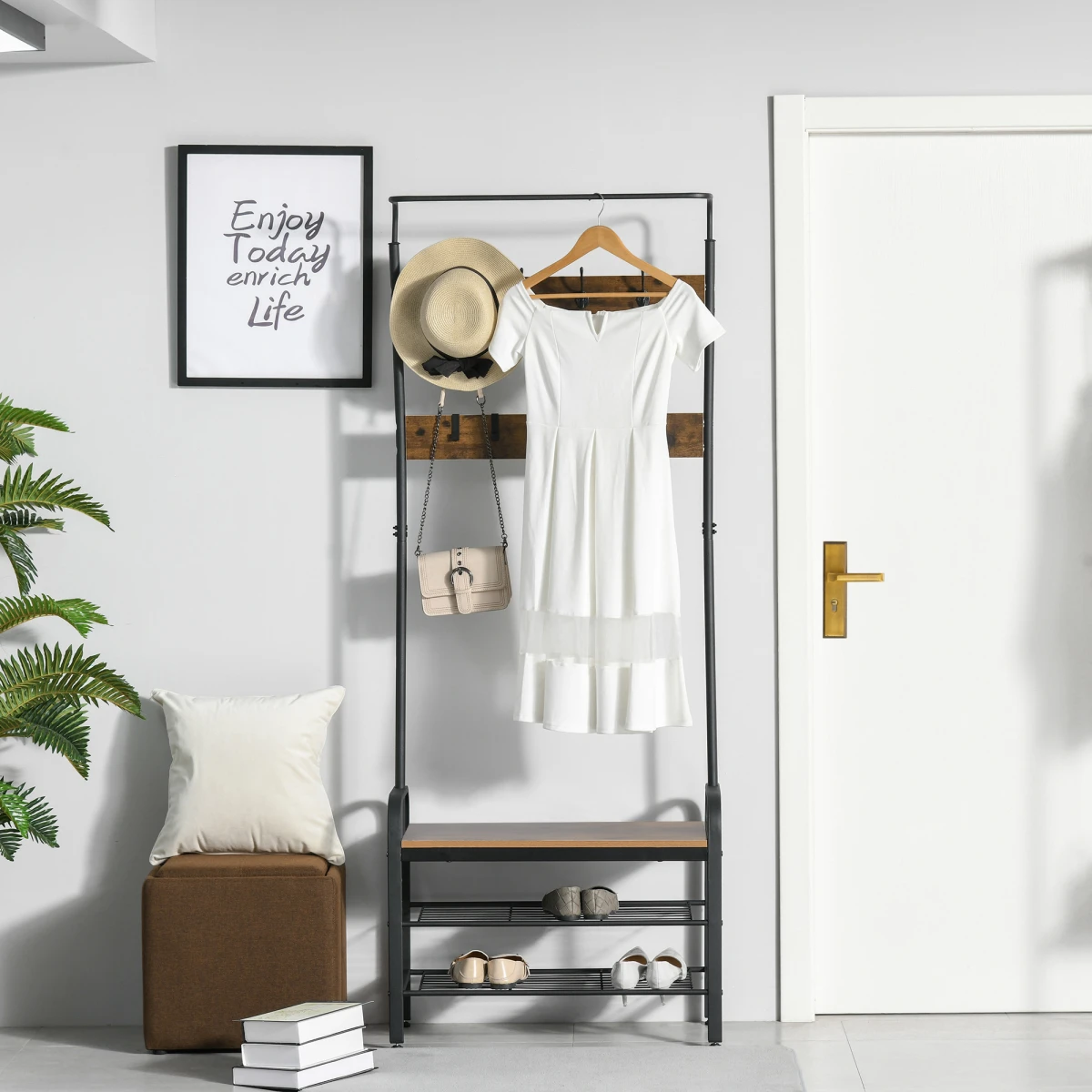 Industrial Coat Rack Stand With 8 Hooks And Brown Storage Shelf Tall Entryway Organizer by Unbranded