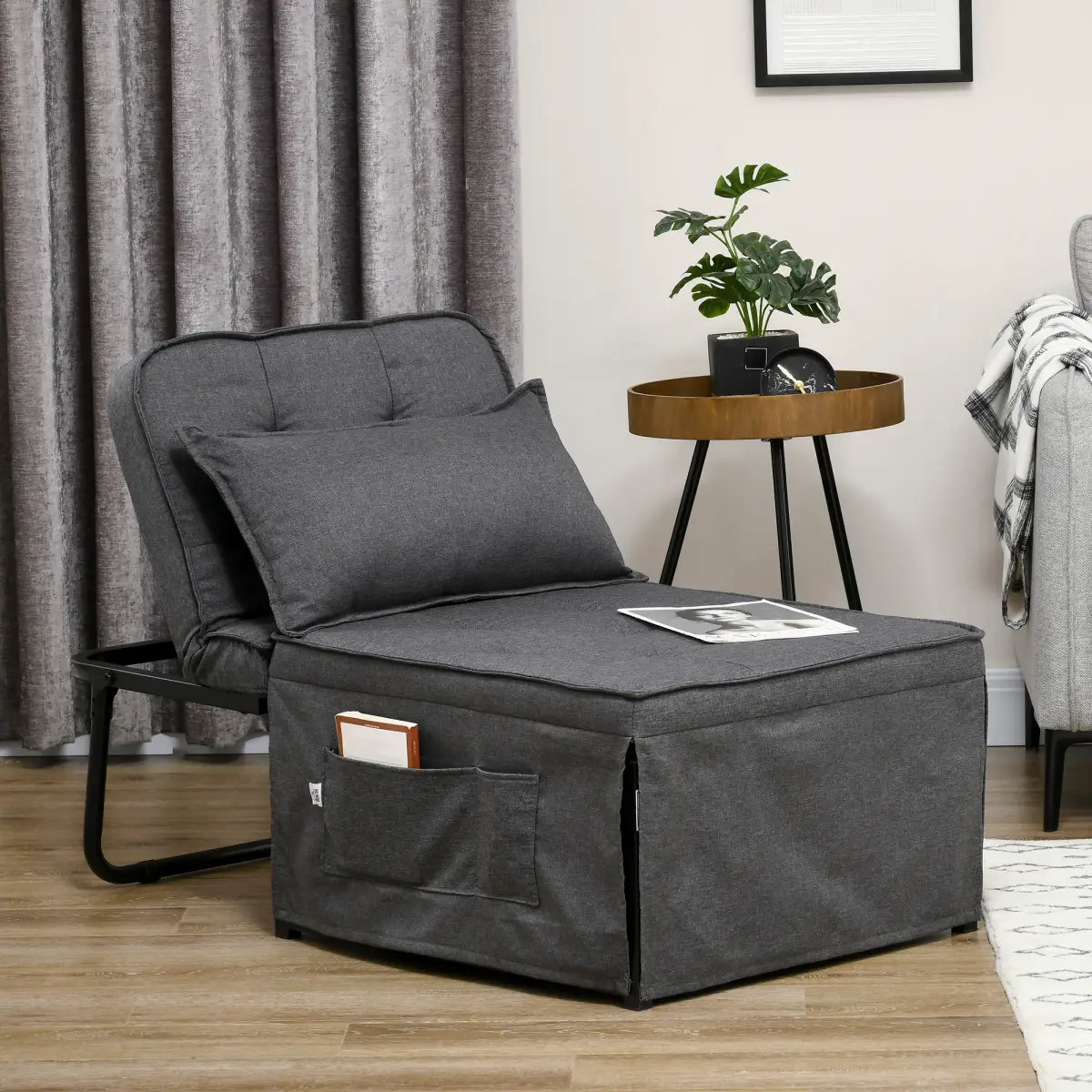 HOMCOM HOMCOM Folding Sleeper Chair Bed with Pillow and Side Pockets, Charcoal Grey - Folding Chairs