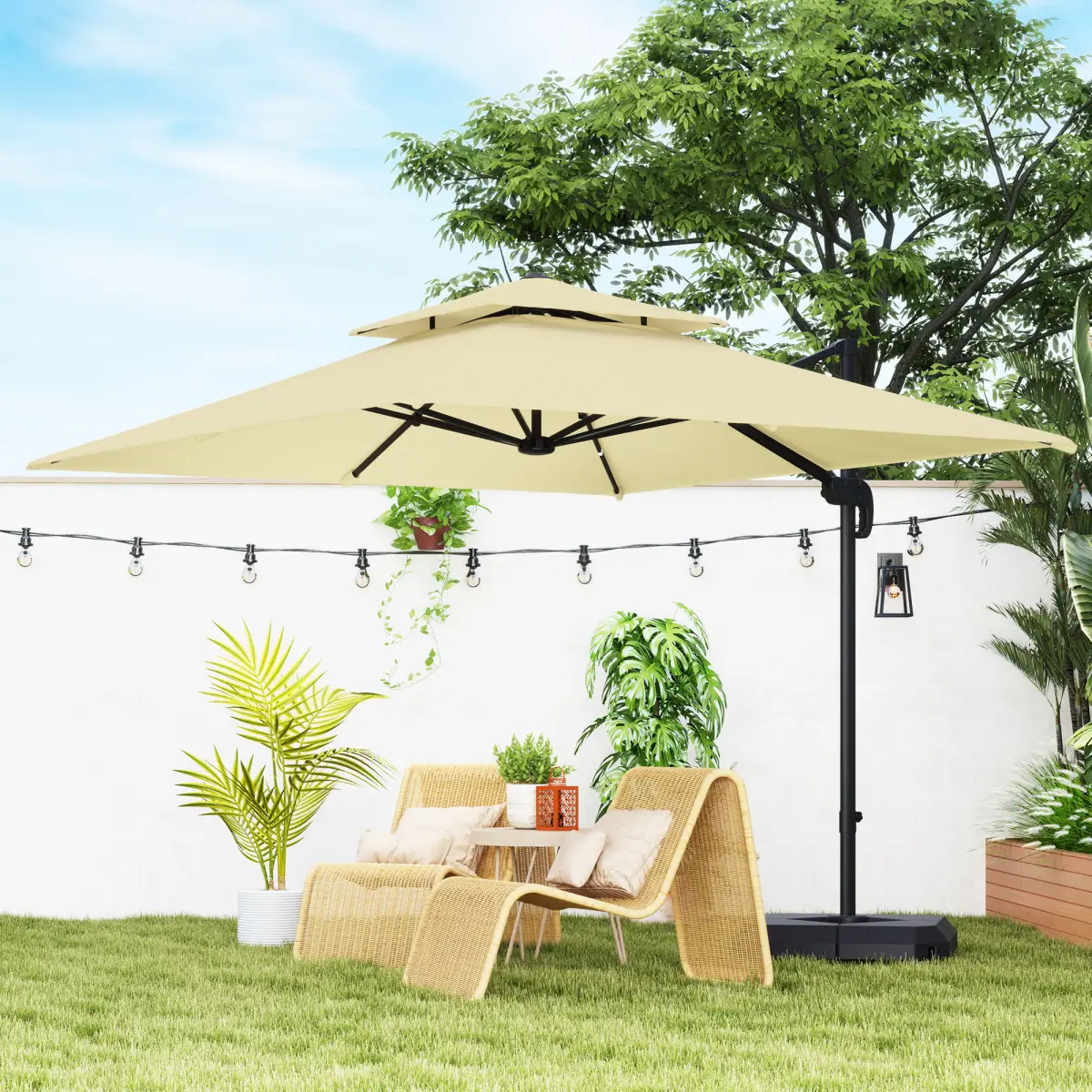 Outsunny Outsunny 360° Cantilever Parasol Roma Umbrella w/ Base Weights, Khaki - Parasol
