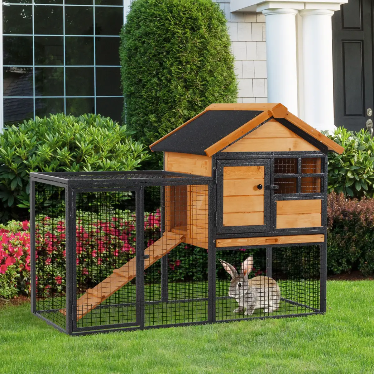 PawHut Wood-metal Rabbit Hutch Elevated Pet House Outdoor 122 x 63 x 92cm - Rabbit Hutch