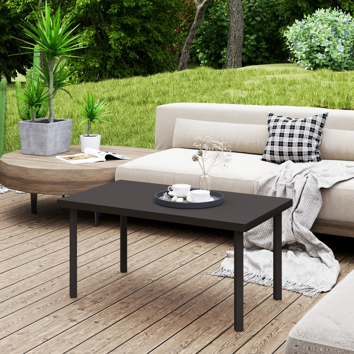 Outsunny Outsunny Metal Garden Coffee Table 95x55 cm Tabletop Woodgrain Finish for Outdoor Patio - Coffee Table