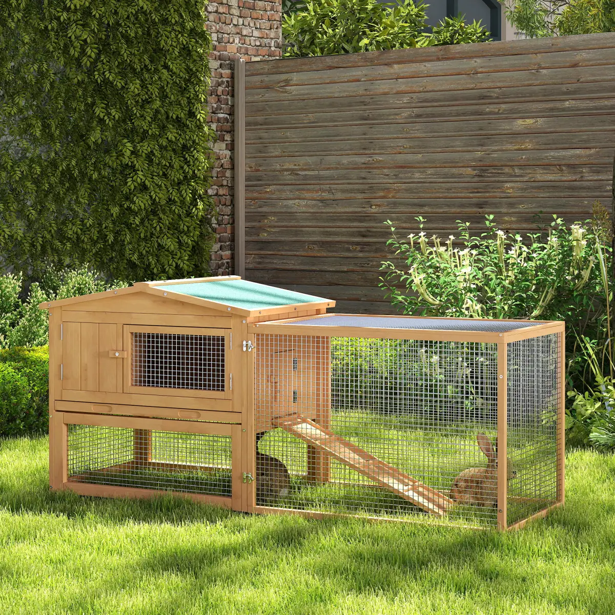 PawHut Wooden Rabbit Hutch Enclosure Run House 2 Tier Large Coop Run Pet - Rabbit Hutch
