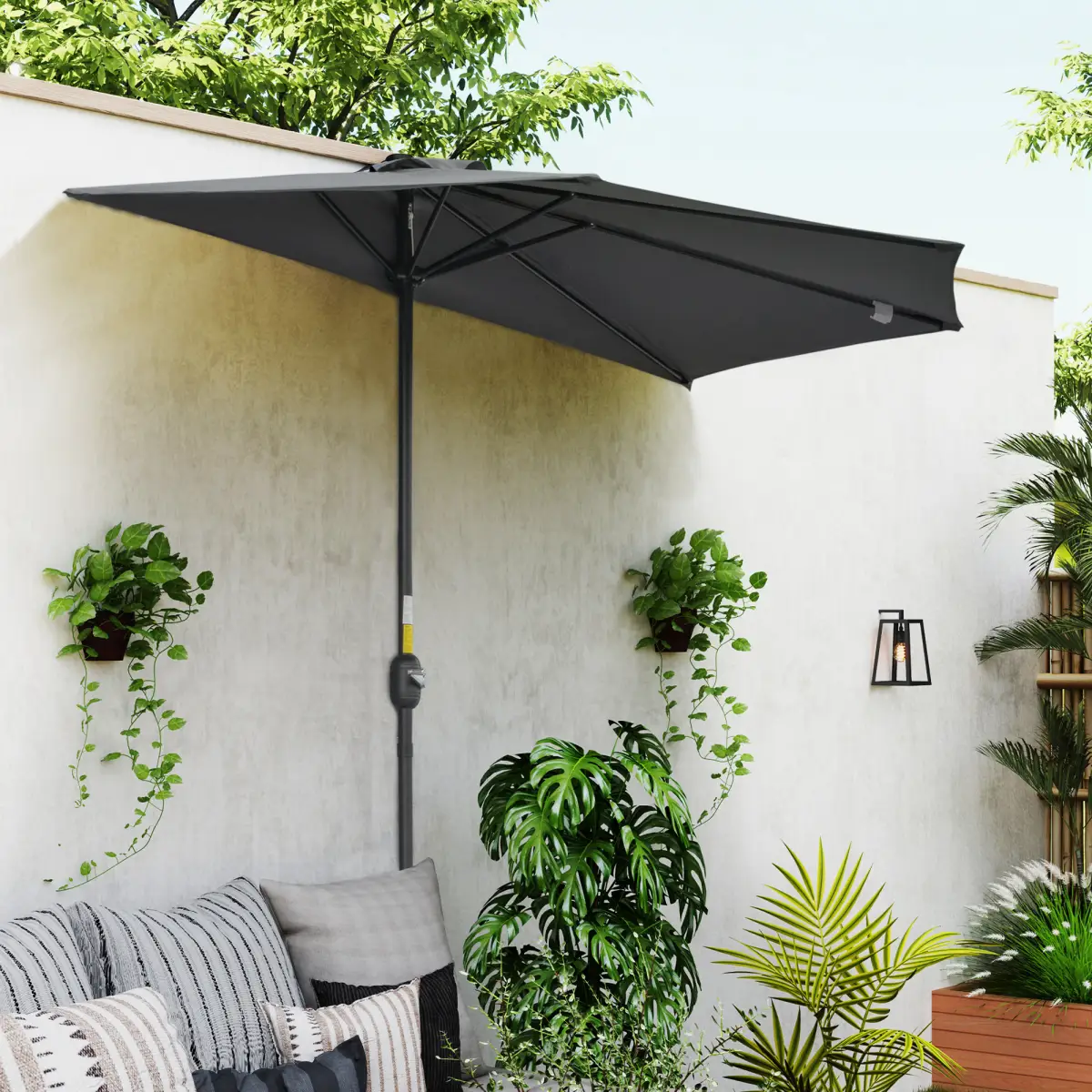 Outsunny 3 m Half Round Umbrella Parasol-Grey Polyester/Aluminum - Parasol