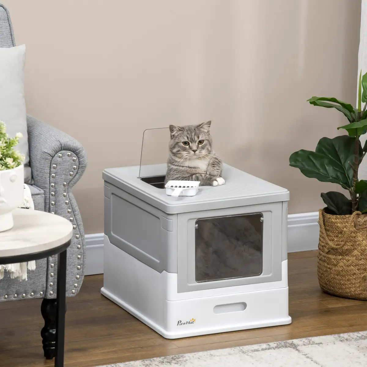 Hooded Cat Litter Box, Portable Pet Toilet, W/ Scoop, Tray, Grey Pawhut - Cat Litter