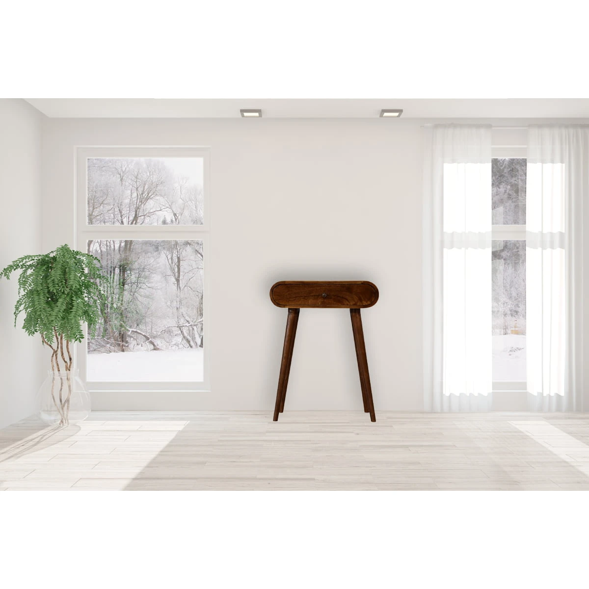 Artisan Furniture Artisan Solid Wood Mini Console Table With Chestnut Finish, Nordic Legs And Rounded Edges For Modern Home Decor - Console Table