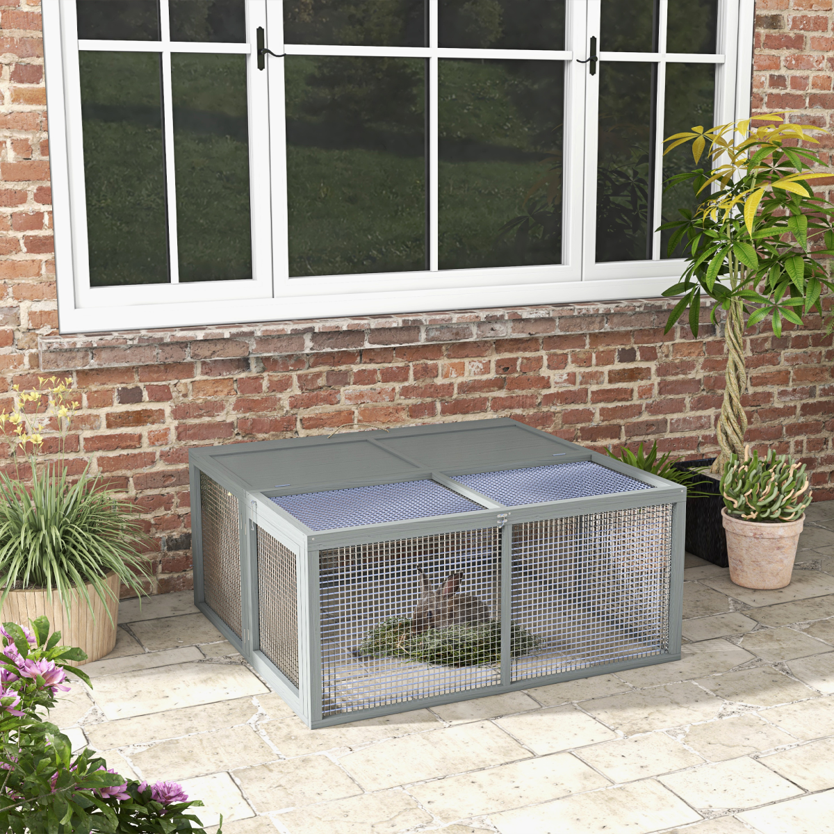 PawHut Wooden Folding Rabbit Run for 2-3 Rabbits, Guinea Pig, Grey - from PawHut